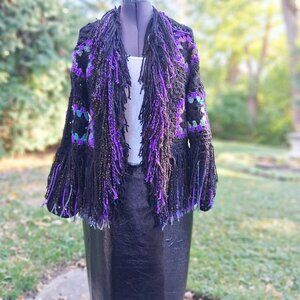 Granny Square Super Fringe Black Purple Greens L/XL